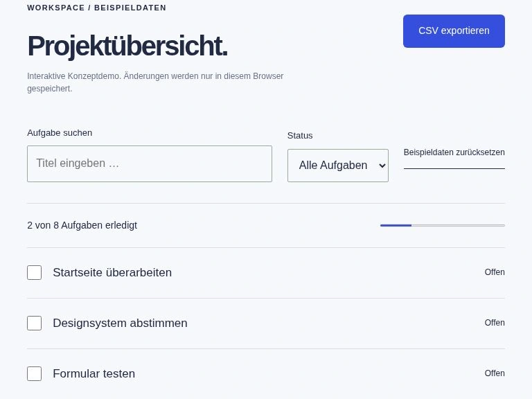 Kern – Ausschnitt aus der tatsächlich bedienbaren Aufgabenübersicht